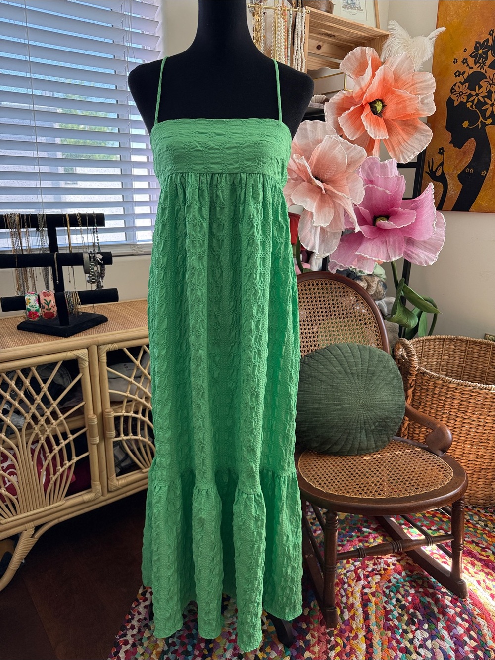 Zara Green Empire Babydoll Waist Open Crisscross Back Boho Hippie Maxi Dress